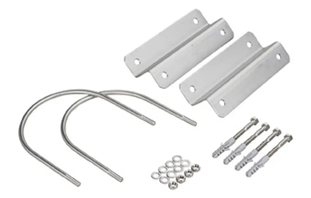 Wandhalterung aus Metall für die Montage von UV-Geräten, bestehend aus Halterungen, U-Stäben und Schrauben, hergestellt von Grünbeck.